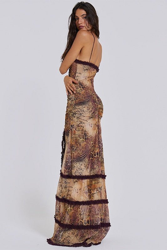Yuri Patterned Cut-out Ruffled Slip Maxi-Length Dress